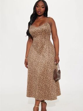 Fashion Nova Leopard Print Slip Midi Dress - Tan/Brown